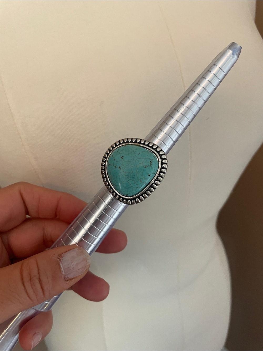 Turquoise Teardrop Ring with Beaded Silver Edge stretch